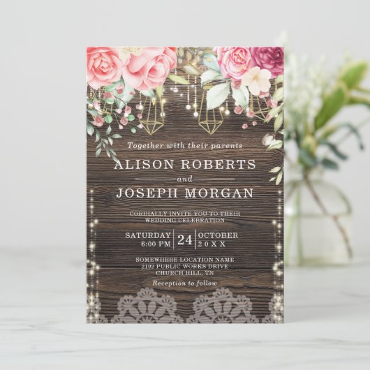 Rustic Wood Floral String-lampjes Weddenschap Kaart (Staand voorkant)