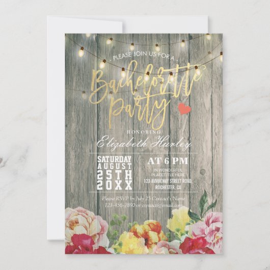 Rustic Wood Floral String Light Bachelorette Party Kaart (Voorkant)