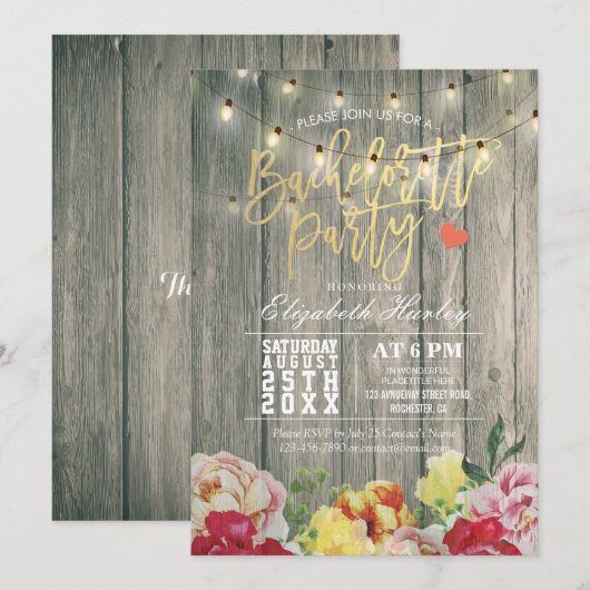 Rustic Wood Floral String Light Bachelorette Party Kaart (Voorkant / Achterkant)