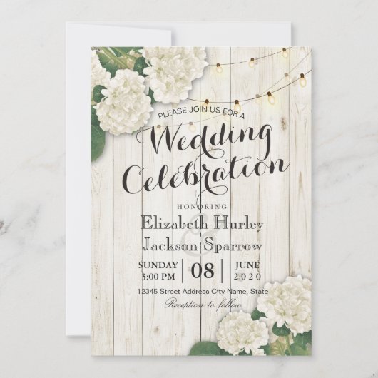 Rustic Wood Floral String Light Wedding Invitation Kaart (Voorkant)