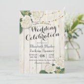 Rustic Wood Floral String Light Wedding Invitation Kaart (Staand voorkant)