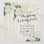 Rustic Wood Floral String Light Wedding Invitation Kaart (Voorkant / Achterkant)