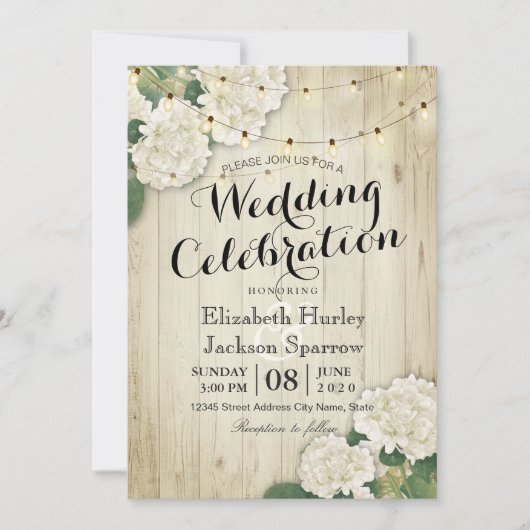 Rustic Wood Floral String Light Wedding Invitation Kaart (Voorkant)