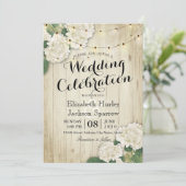 Rustic Wood Floral String Light Wedding Invitation Kaart (Staand voorkant)