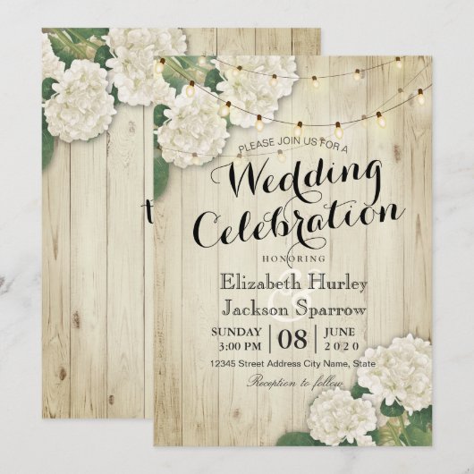 Rustic Wood Floral String Light Wedding Invitation Kaart (Voorkant / Achterkant)