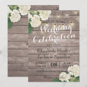 Rustic Wood Floral String Light Wedding Invitation Kaart (Voorkant / Achterkant)