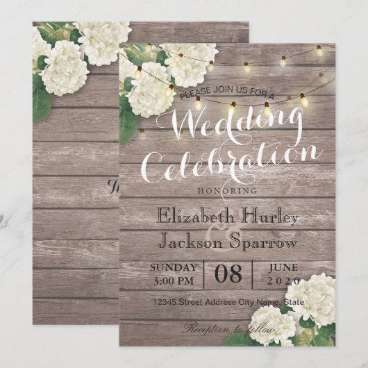 Rustic Wood Floral String Light Wedding Invitation Kaart (Voorkant / Achterkant)