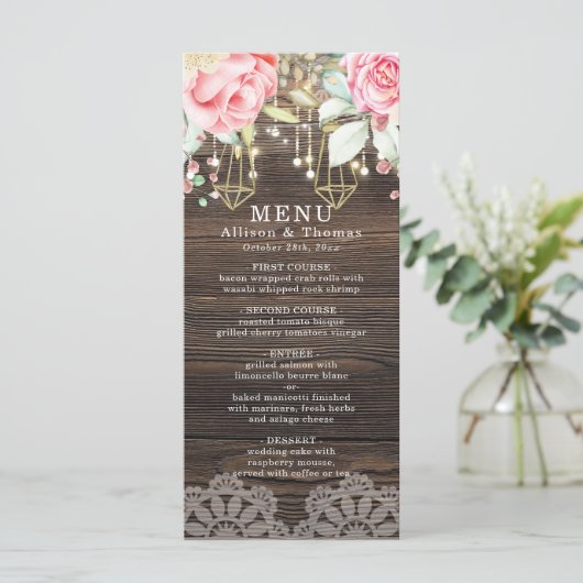 Rustic Wood Floral String light Wedding Menu (Staand voorkant)