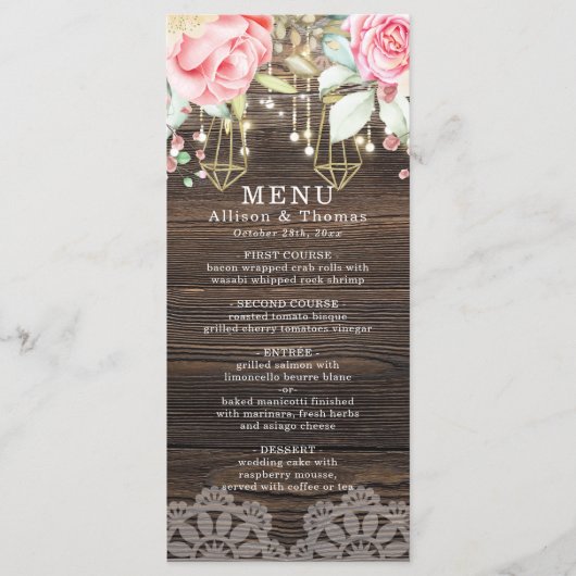 Rustic Wood Floral String light Wedding Menu (Voorkant)