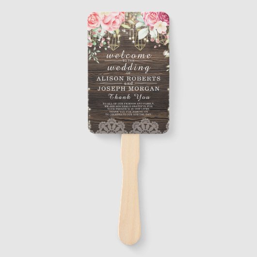 Rustic Wood Floral String light Wedding Programme Handwaaier (Voorkant)