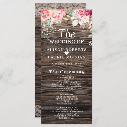 Rustic Wood Floral String light Wedding Programme Programmakaart (Voorkant / Achterkant)
