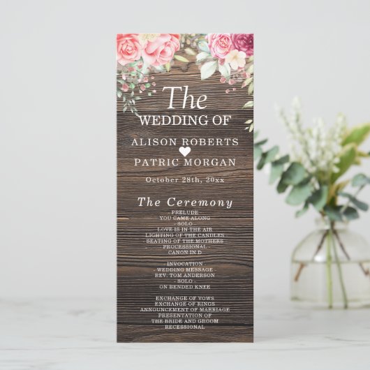 Rustic Wood Floral String light Wedding Programme Programmakaart (Staand voorkant)