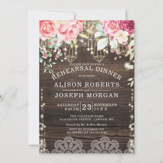Rustic Wood Floral String light Wedding Rehearal Kaart (Voorkant)