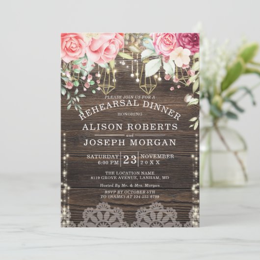 Rustic Wood Floral String light Wedding Rehearal Kaart (Staand voorkant)