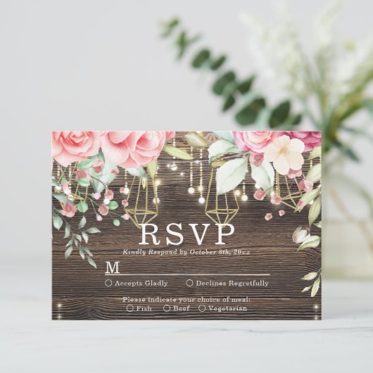 Rustic Wood Floral String light Wedding rsvp (Staand voorkant)