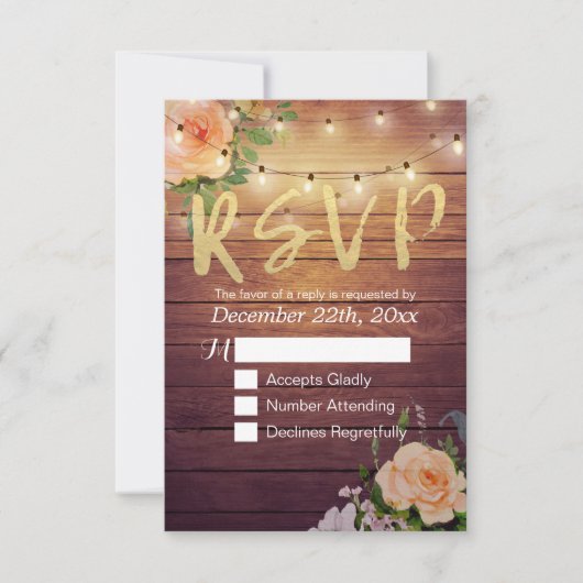 Rustic Wood Floral String Light Wedding RSVP Antwo (Voorkant)