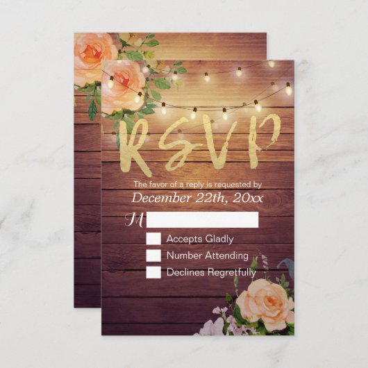 Rustic Wood Floral String Light Wedding RSVP Antwo (Voorkant / Achterkant)
