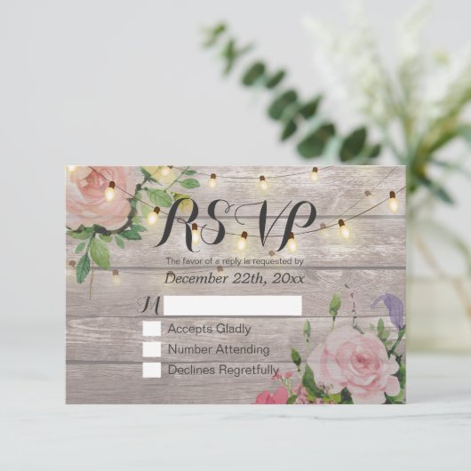 Rustic Wood Floral String Light Wedding RSVP Antwo (Staand voorkant)