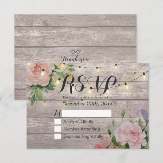 Rustic Wood Floral String Light Wedding RSVP Antwo (Voorkant / Achterkant)