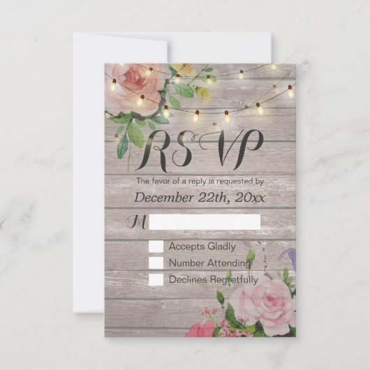 Rustic Wood Floral String Light Wedding RSVP Antwo (Voorkant)