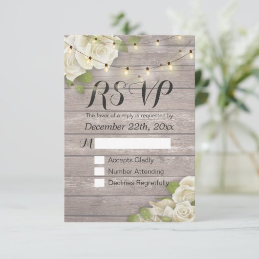 Rustic Wood Floral String Light Wedding RSVP Antwo (Staand voorkant)