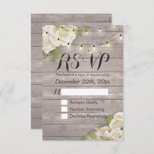 Rustic Wood Floral String Light Wedding RSVP Antwo (Voorkant / Achterkant)