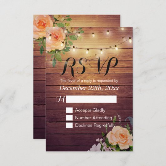 Rustic Wood Floral String Light Wedding RSVP Antwo (Voorkant / Achterkant)