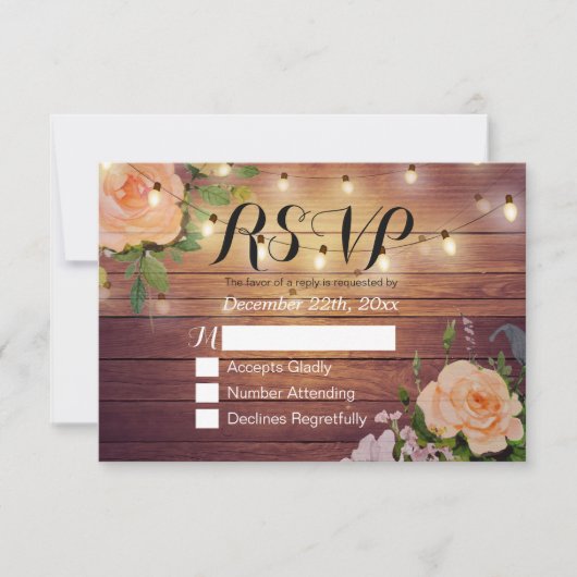 Rustic Wood Floral String Light Wedding RSVP Antwo (Voorkant)