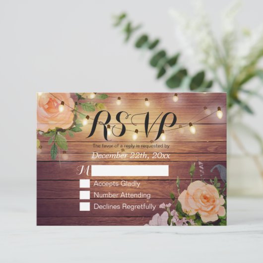 Rustic Wood Floral String Light Wedding RSVP Antwo (Staand voorkant)