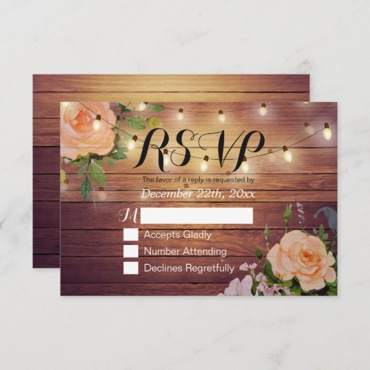 Rustic Wood Floral String Light Wedding RSVP Antwo (Voorkant / Achterkant)
