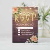 Rustic Wood Floral String Light Wedding RSVP Antwo Kaartje (Staand voorkant)