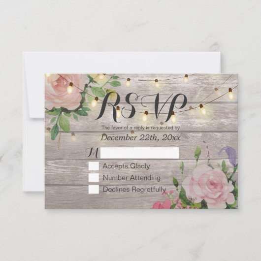 Rustic Wood Floral String Light Wedding RSVP Antwo Kaartje (Voorkant)