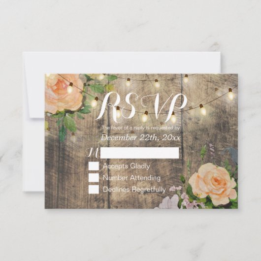 Rustic Wood Floral String Light Wedding RSVP Antwo Kaartje (Voorkant)