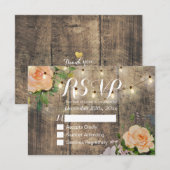 Rustic Wood Floral String Light Wedding RSVP Antwo Kaartje (Voorkant / Achterkant)