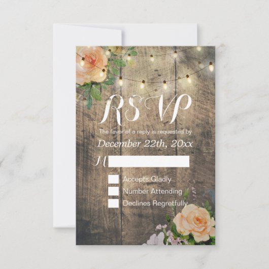 Rustic Wood Floral String Light Wedding RSVP Antwo Kaartje (Voorkant)