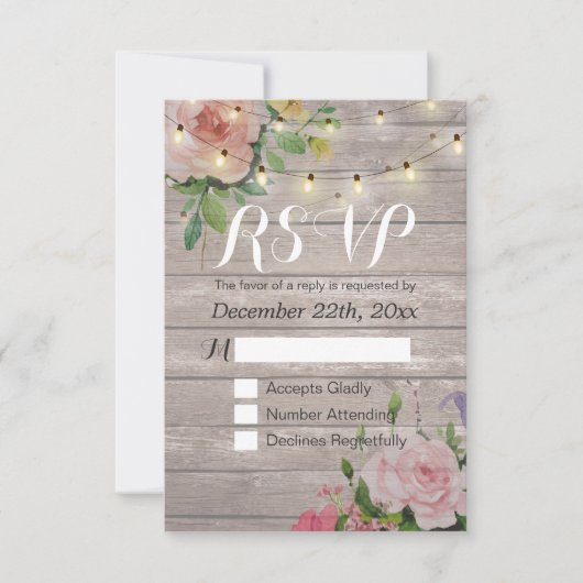 Rustic Wood Floral String Light Wedding RSVP Antwo Kaartje (Voorkant)