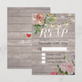 Rustic Wood Floral String Light Wedding RSVP Antwo Kaartje (Voorkant / Achterkant)