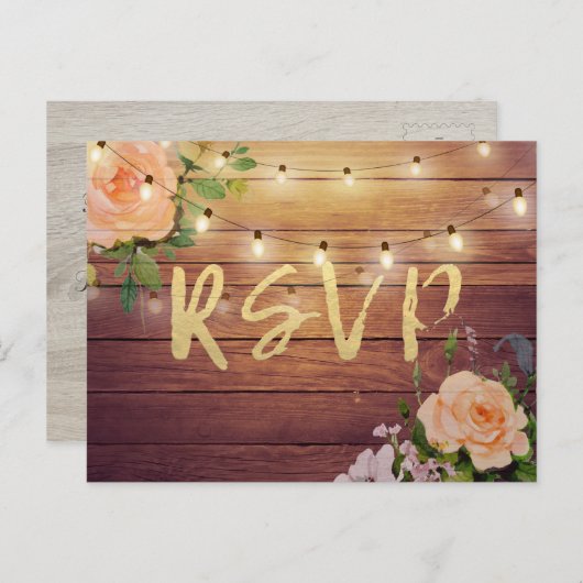 Rustic Wood Floral String Light Wedding RSVP Antwo Uitnodiging Briefkaart (Voorkant / Achterkant)