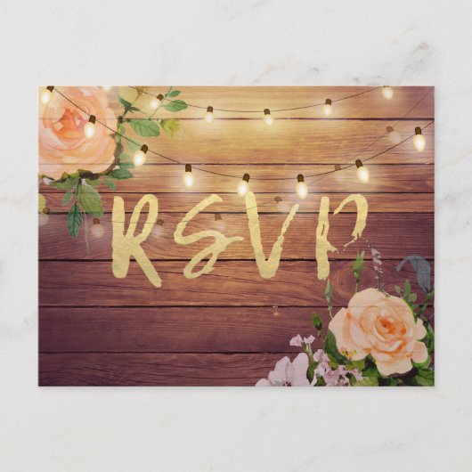 Rustic Wood Floral String Light Wedding RSVP Antwo Uitnodiging Briefkaart (Voorkant)