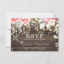 Rustic Wood Floral String light Wedding rsvp Kaartje