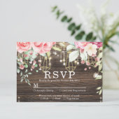 Rustic Wood Floral String light Wedding rsvp Kaartje (Staand voorkant)