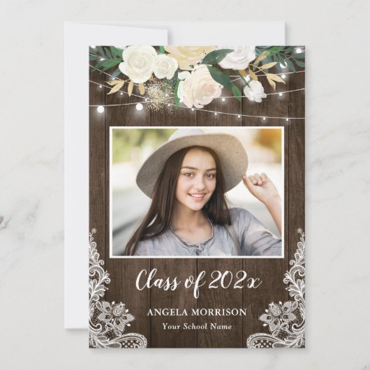 Rustic Wood Floral String Lights Graduparty Kaart (Voorkant)