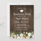 Rustic Wood Floral String Lights Graduparty Kaart (Achterkant)