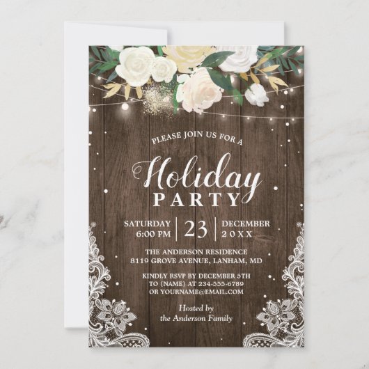 Rustic Wood Floral String Lights Holiday Party Kaart (Voorkant)