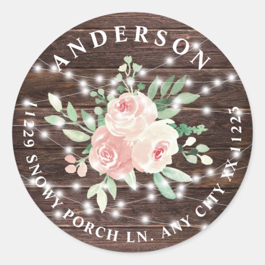 Rustic Wood Floral String Lights retouradres Ronde Sticker (Voorkant)