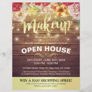 Rustic Wood Floral String Lights Salon Open House Flyer