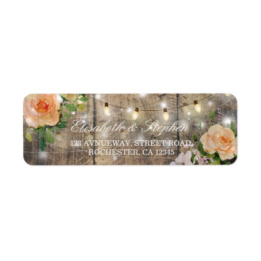 Rustic Wood Floral String Lights Wedding Address Etiket (Voorkant)