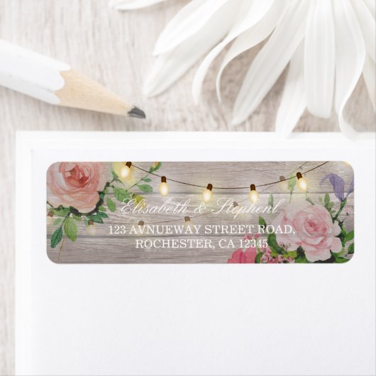Rustic Wood Floral String Lights Wedding Address Etiket (Insitu)