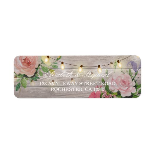 Rustic Wood Floral String Lights Wedding Address Etiket (Voorkant)