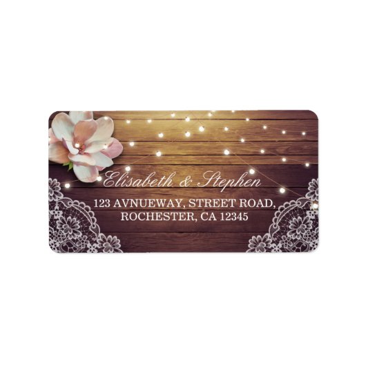 Rustic Wood Floral String Lights Wedding Address Etiket (Voorkant)